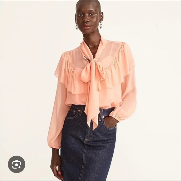 J. Crew Collection Small S Romance Pink Tie Neck 100% silk Chiffon Top Coquette - Picture 2 of 10